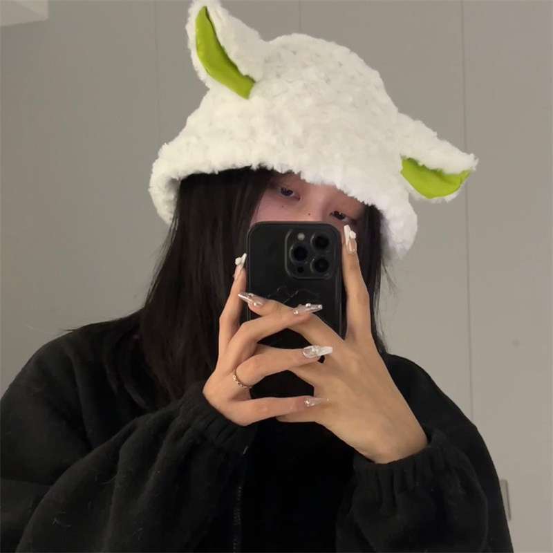 Dark Lamb Hat Autumn/Winter Plush Cute Fisherman Hat Warm Basin Hat Animal Bucket Hat Autistic Plain Hat Woman details Picture