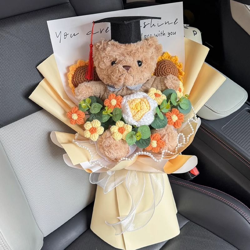 国潮创意中高考仿真向日葵玫瑰花束可爱公仔熊玩偶手捧花儿童毕业礼物详情图4