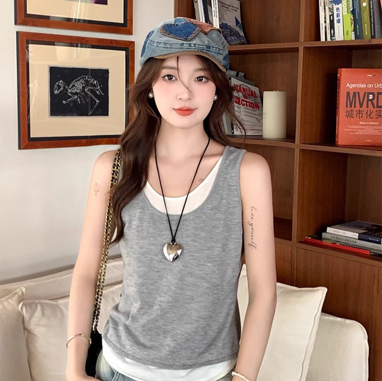 新款慵懒风撞色宽松背心假两件吊带小背心夏季女装内搭夏外穿上衣详情图4