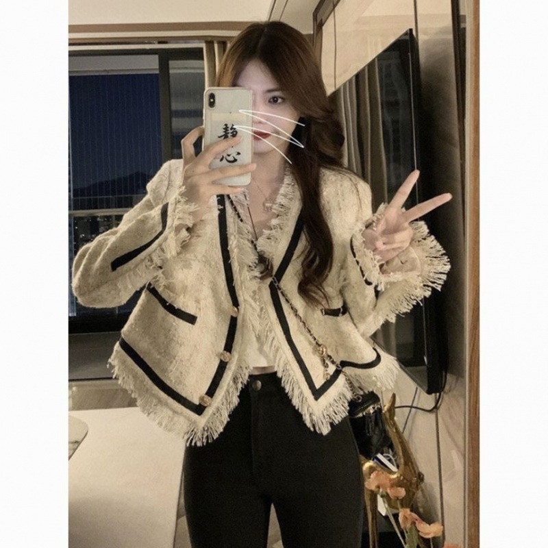 Large Size Sweet Korean Version Of The New Color Contrast Braided Fringe Design Sense Of Small Fragrance Style Long Sleeve Blouse Female Coat Specification drawing