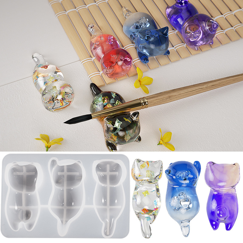 diy水晶滴胶3D立体趴式可爱小猫咪背钥匙扣笔架石膏摆件硅胶模具