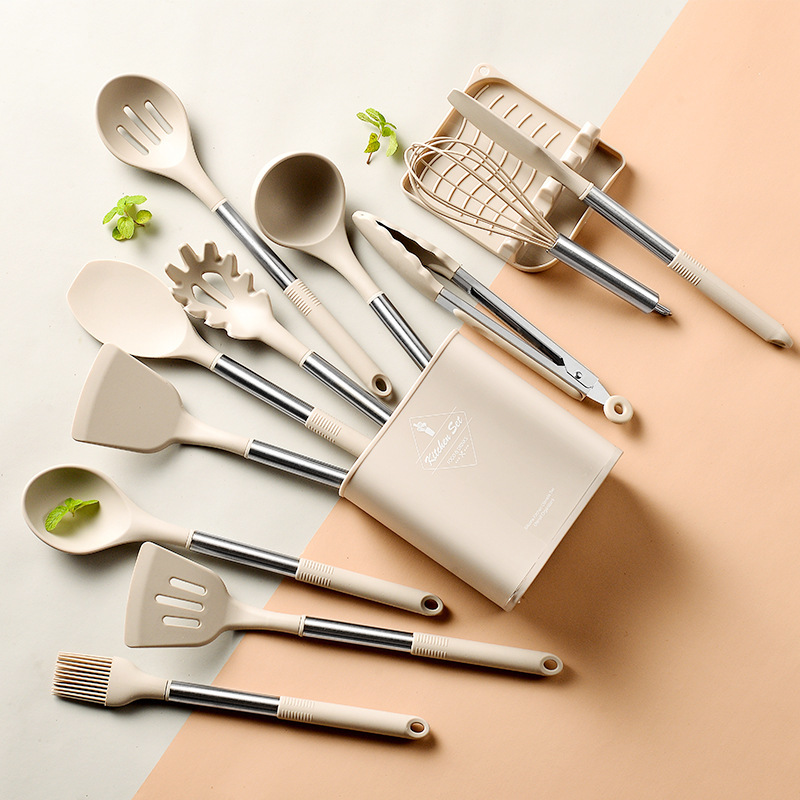 New cross-border stainless steel tube handle silicone kitchenware 13-piece set, non-stick cooking pan spatula and spoon kitchen tool set details Picture