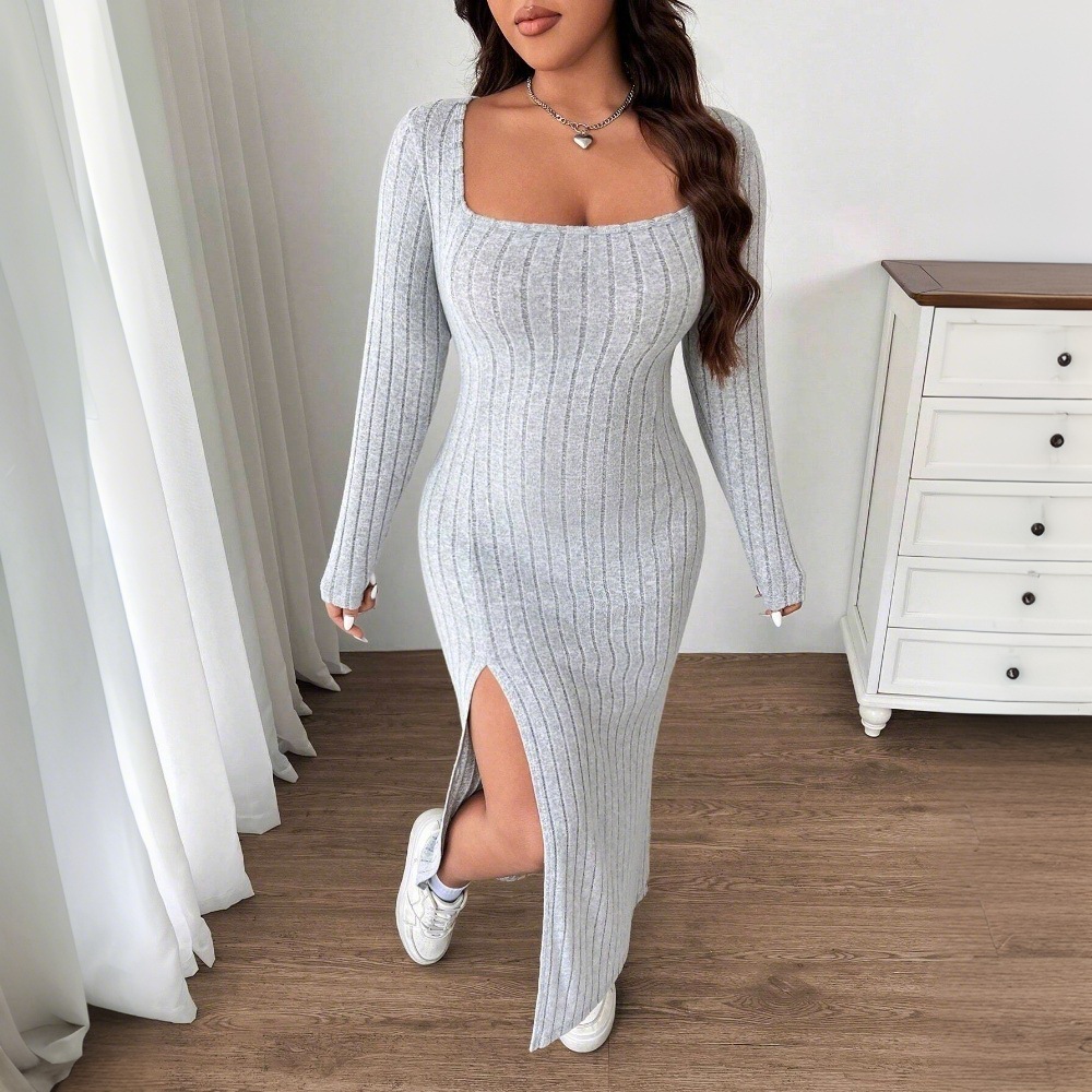 Aliexpress Foreign Trade 2024 Autumn/Winter new plate-size women's simple and casual dress, slim slit midlength dress Specification image