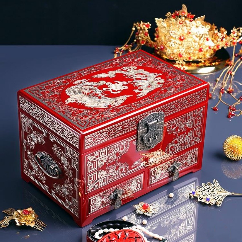 Shell And Mother-Of-Pearl Inlaid Drawer Jewelry Box, Copper Wire Filigree Chinese Lacquerware Jewelry Box, Dragon And Phoenix Auspicious Festive Gold Gift Box full figure