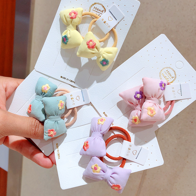 Korean Version Of Cute Children Embroidered Small Bow Tie Rubber Band Embroidery Small Pillow Hair Circle Baby Hair Tiara Hair Accessories