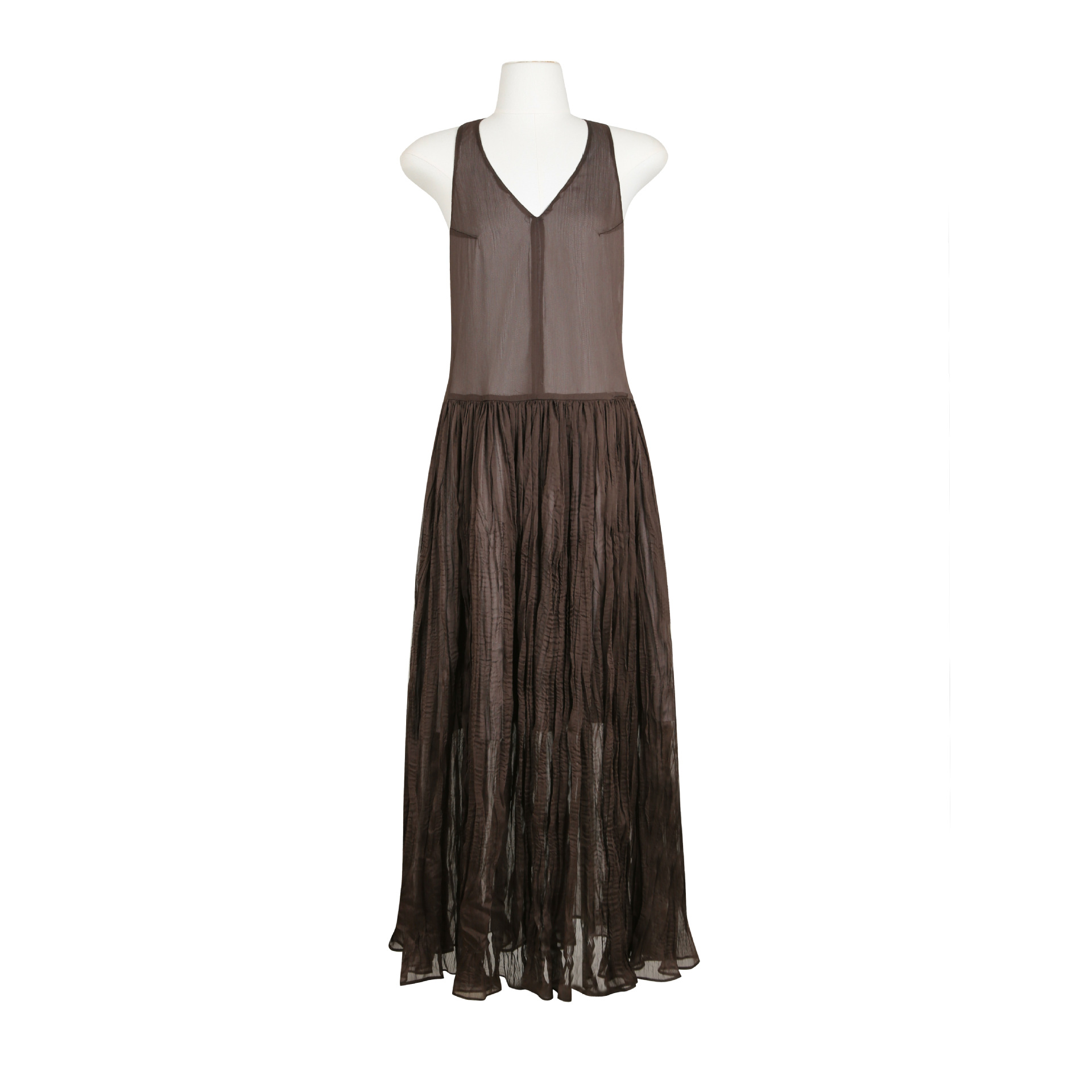 CZ ZHANG Mocha Mousse retro pleated V-neck dress Texture backless slightly transparent long dress B26987 Item Picture