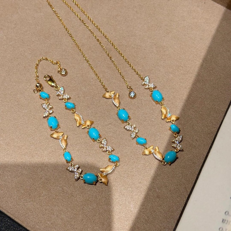 Vintage中古拉丝蝴蝶椭圆绿松石戒指手链项链耳钉重工精致感套装