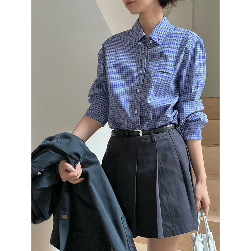 Shijian miu series fashionable intellectual lapel checked shirt for women's Thirteen Lines Autumn New Shirt Trend 02596
