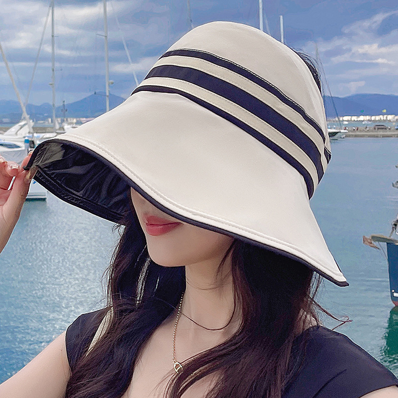 UV high-magnifying sun protection hollow top hat, new Korean version striped black rubber sun hat, spring and summer new simple hat, foldable details Picture