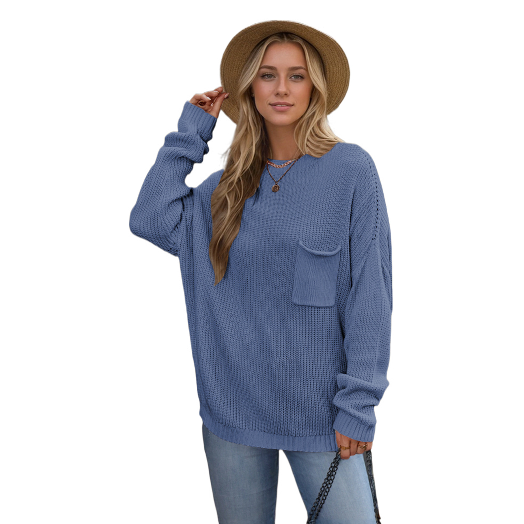 In the winter of 2025, Amazon is selling solid-color chic pocket-decorated round-neck women's base knitted sweater pullovers Specification image
