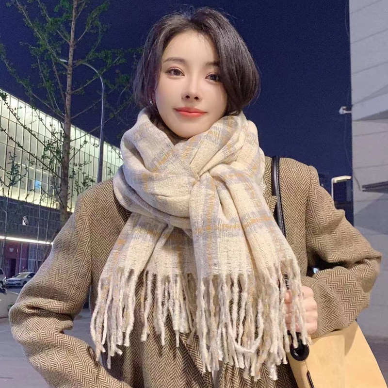 Lovers Korean Plaid Imitation Cashmere Scarf Women's New Autumn And Winter Thick Warm Shawl With Tassel Medium-Long Neck Specification drawing