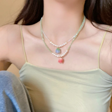 Summer fresh tulip pearl crystal necklace, a new trendy style, elegant collarbone chain pendant, a perfect accessory for women Summer fresh tulip pearl crystal necklace, a new trendy style, elegant collarbone chain pendant, a perfect accessory for women