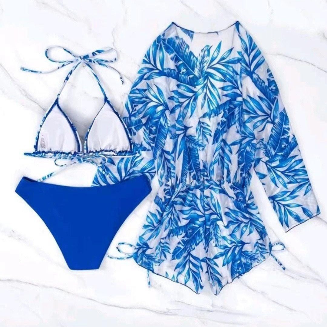 2025 new European and American bikini three-piece set, cinched waist, lace-up, fashionable long-sleeved leaf print beach conservative swimsuit details Picture