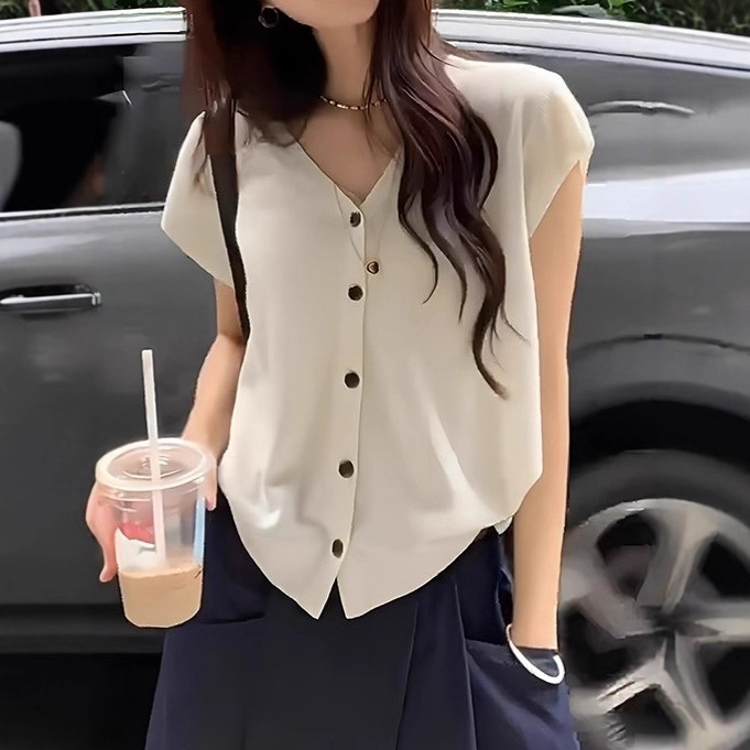 韩系杏色V领小飞袖针织开衫上衣女夏季薄纱短款小个子短袖t恤