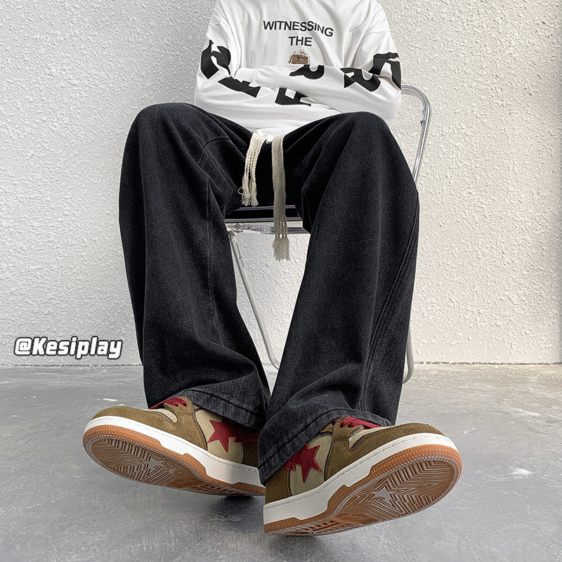 Jeans, men's casual pants, Hong Kong style 2022 Autumn new trendy brand simple floor-length loose trendy brand versatile wide-leg pants Specification image