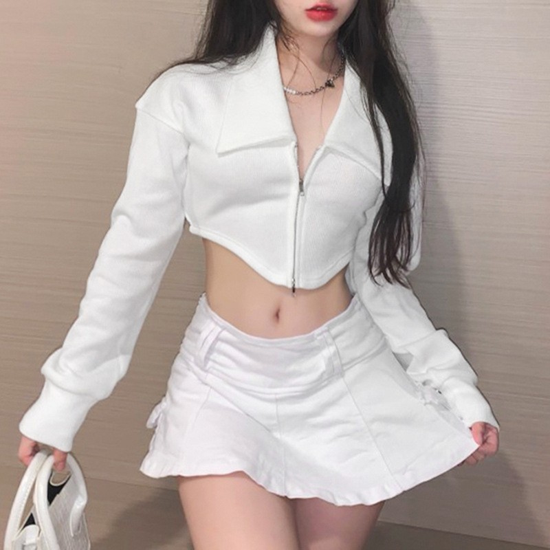 New autumn fashion trend women's wear long-sleeved, lapel, crop top, zipper cardigan and simple T-shirt details Picture