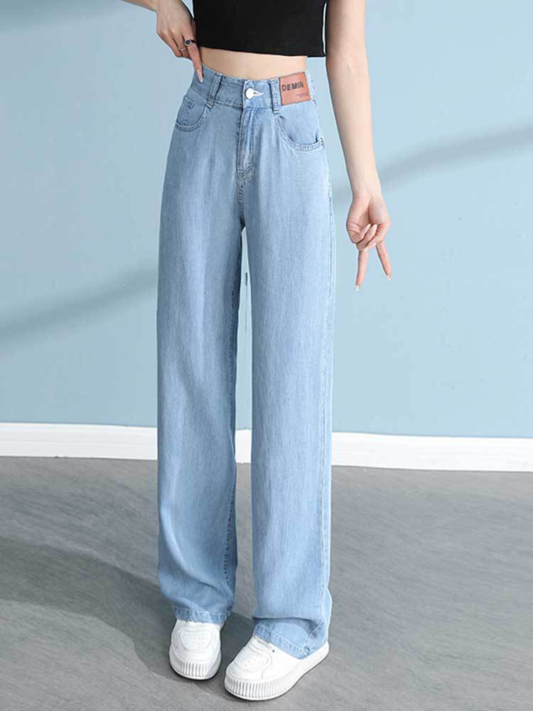 女夏季新款天丝牛仔裤超软小个子梨形身材高腰直筒塑腿冰丝阔腿裤