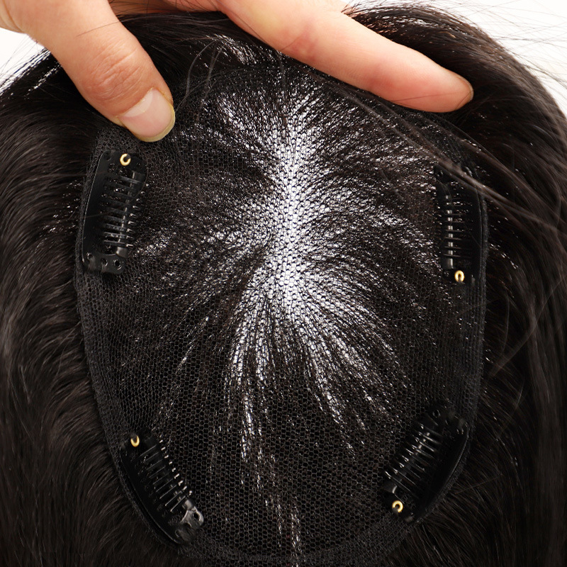Fully hand-woven Swiss net real person wig pieces, hair replacement blocks on the top of the head, invisible and realistic, covering white hair, hair replacement volume, hair replacement pieces details Picture