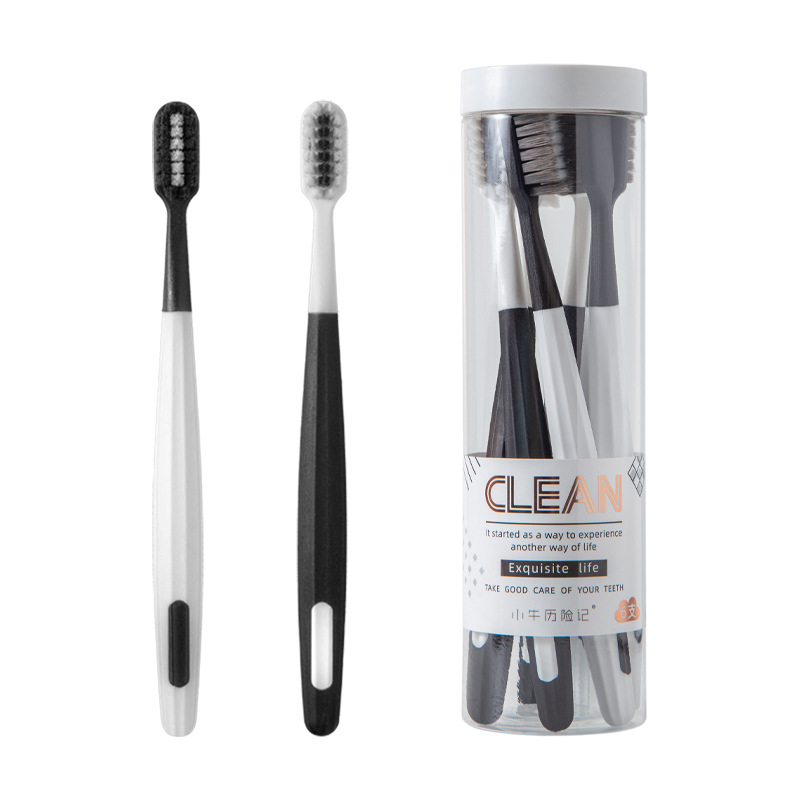 Little Bull Adventure Toothbrush, Soft Bristle Premium toothbrush, household wholesale, factory bucket, 6 pieces, square hole, black and white family set Item Picture