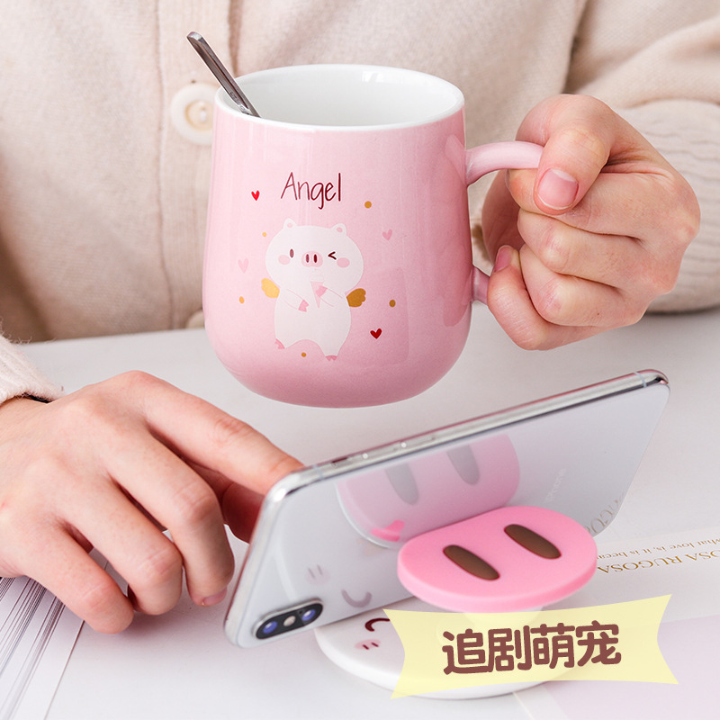 萌猪陶瓷杯手机支架卡通杯细节图
