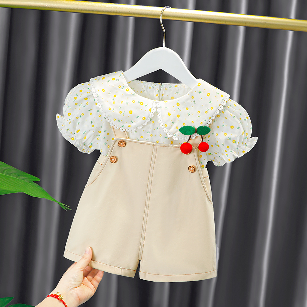 Summer new children's set, cross-border delivery of children's clothing, two-piece set of cute baby collar, shoulder strap shorts Specification image