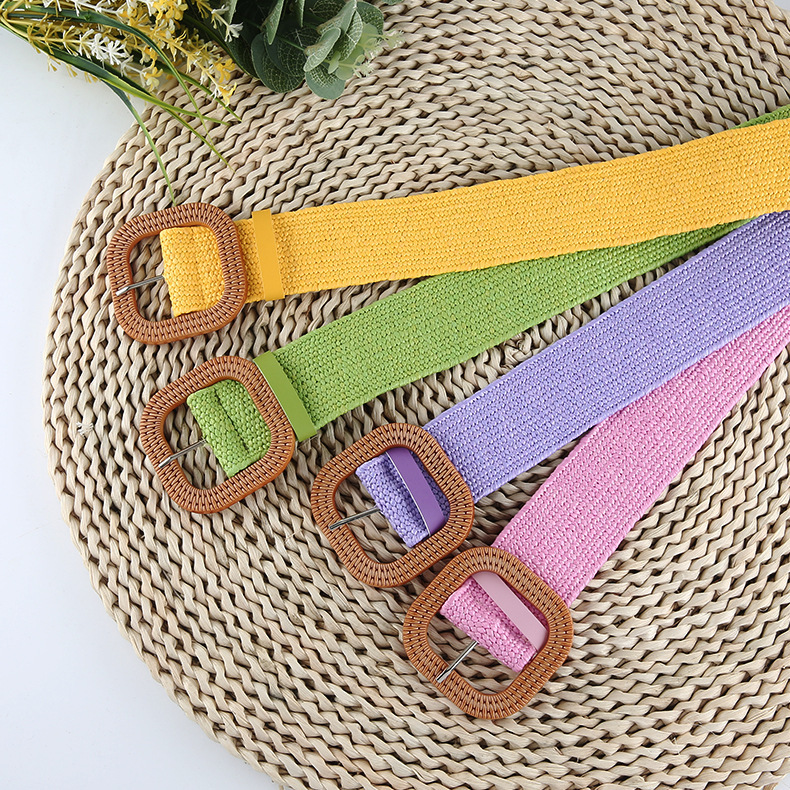 Korean Version Of Cotton And Linen Wind Pp Grass Woven Belt Female Personality Round Square Buckle Dress Gown Decoration Belt Wholesale details Picture