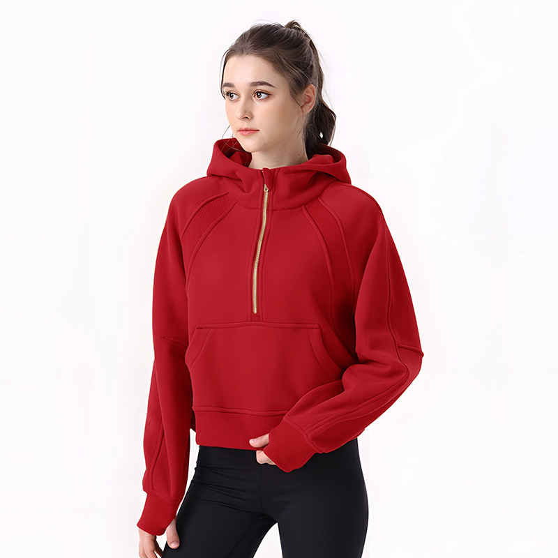 lu Autumn and winter jacket, short pullover, half-zipper, hooded, loose, fleece and thickened top, scub sports sweatshirt details Picture