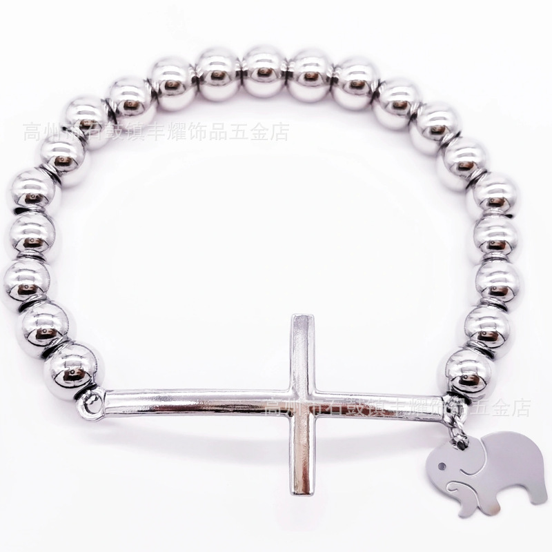 跨境热卖8mm不锈钢串珠加十字架弯牌手链圆珠手链diy弹力绳手链详情30