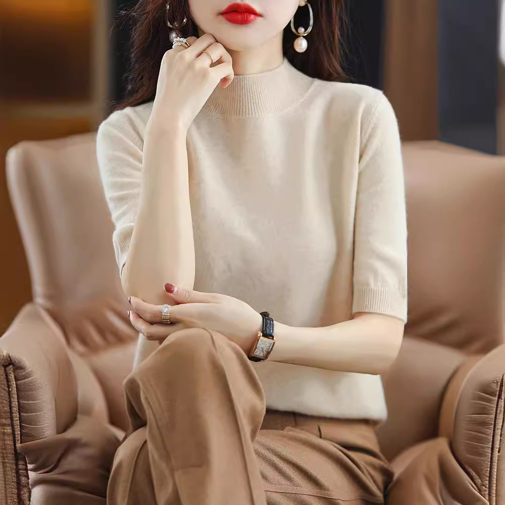 2024新款春秋半高领五分袖羊毛打底衫女中袖修身毛衣女西装伴侣内细节图