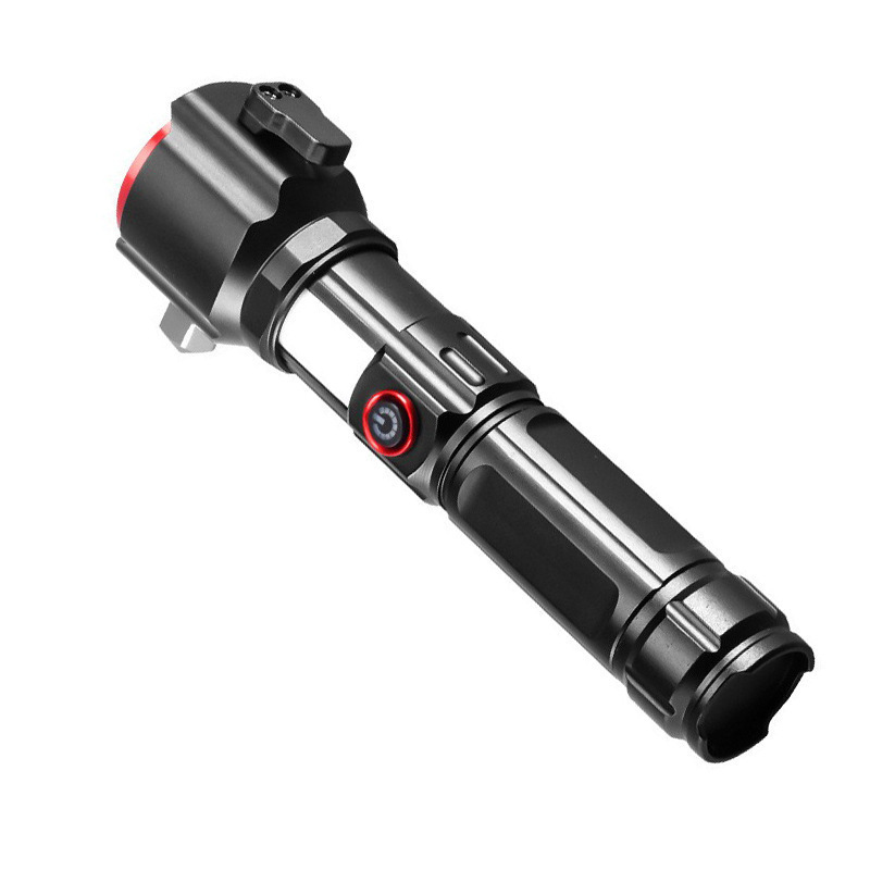 New zoom flashlight outdoor strong light Type-C dual light source with power bank safety hammer flashlight with side light Item Picture
