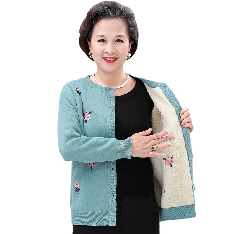Grandma's long-sleeved woolen sweater with fleece and warm knitted sweater for autumn and winter, middle-aged and elderly mom's embroidered base layer sweater, outerwear for women Item Picture