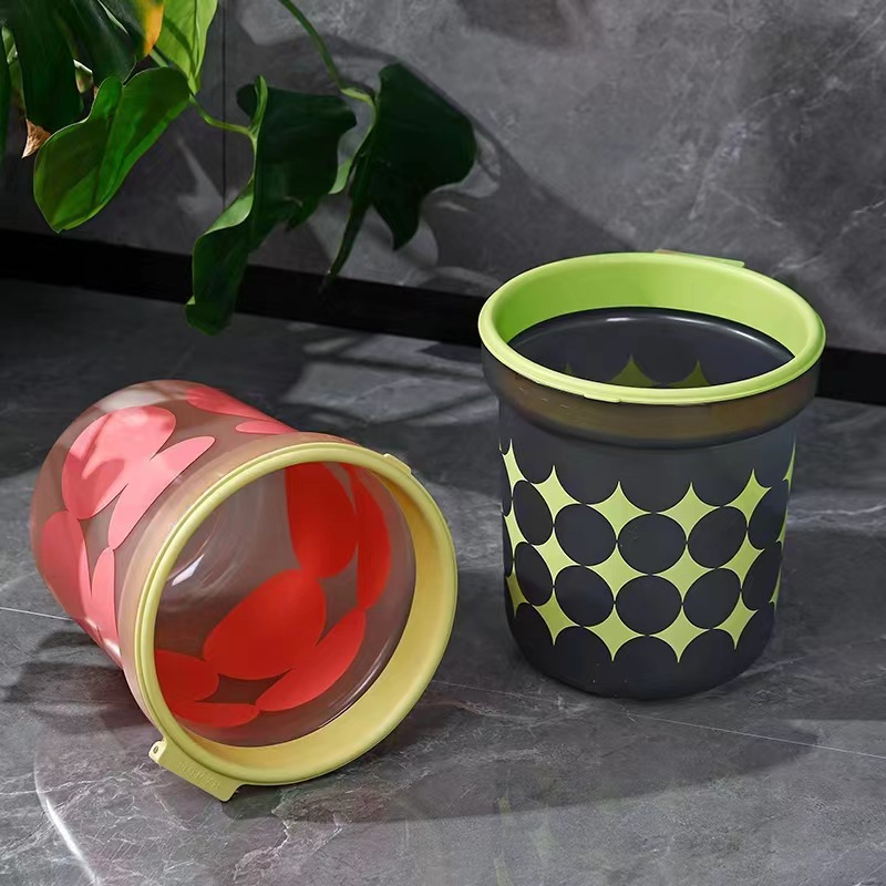 Circular trash can with pressure ring, plastic trash can for household use in living room, bathroom, kitchen, bedroom, toilet and office Application Scenario