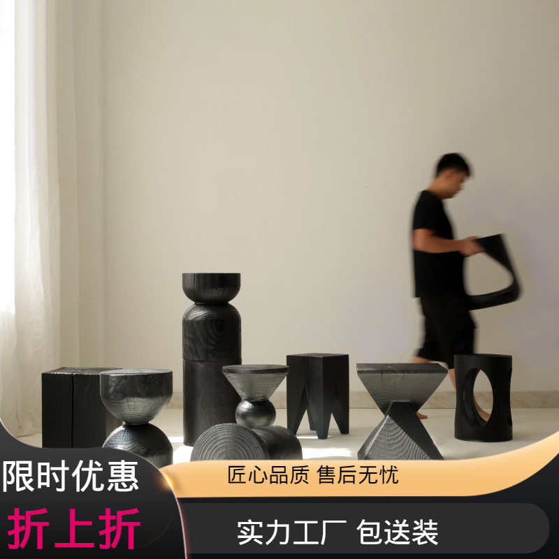 Wabi-sabi wood pier side a few stools carbonized log square low stool homestay wooden pile decoration solid wood black wooden stool thumbnail