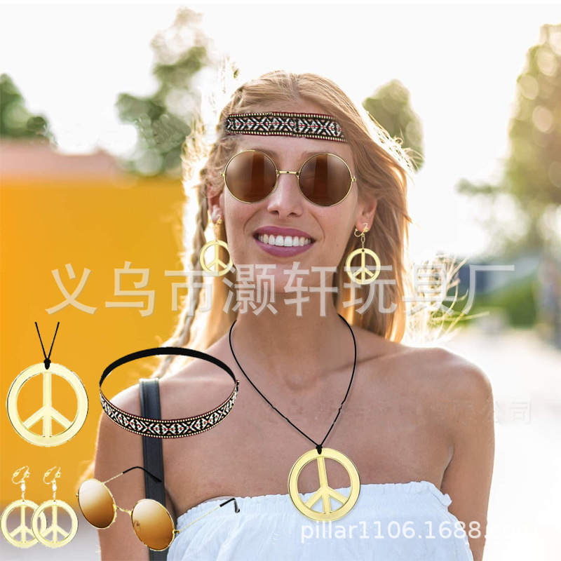 Cross-border European and American hippie party and charm geometric design headband suit gold and silver colorful necklace earrings full figure