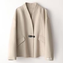 100 Wool Fall 2022 new solid color casual all-match V-neck wool jacket Women's short double-sided peacoat