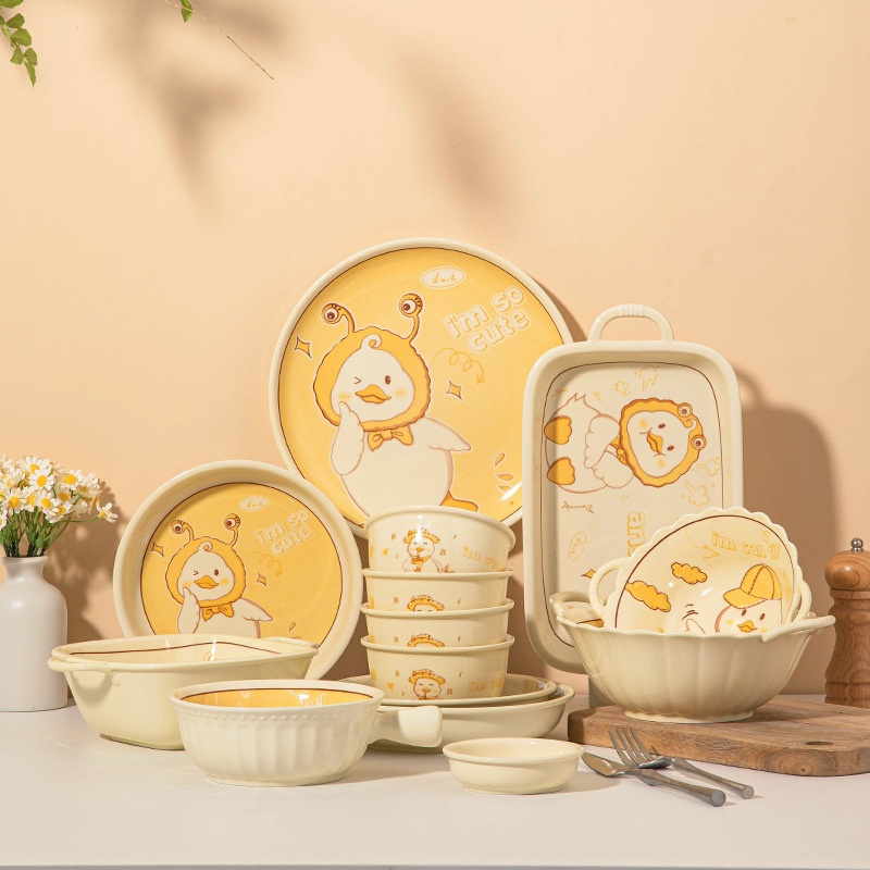 Net Red High Appearance Level Cute Duck Plate Ceramic Bowl Cartoon Cute Fun Wind Underglaze Color Ceramic Tableware Thickened High Temperature Resistance Specification drawing