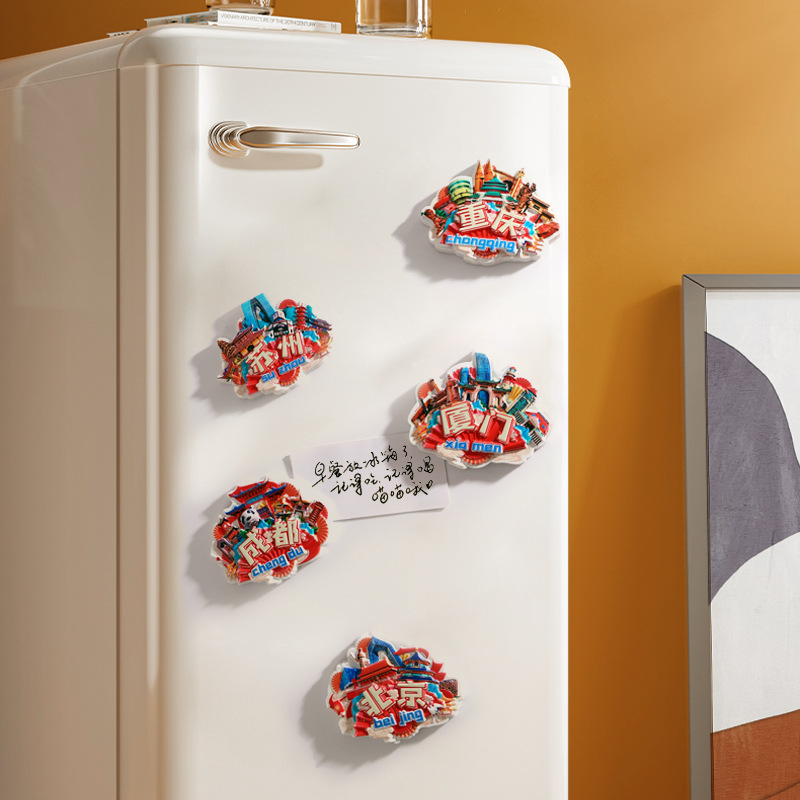 National trend Chinese red cultural and creative city refrigerator stickers, magnetic stickers, travel souvenirs, three-dimensional relief resin magnetic stickers details Picture