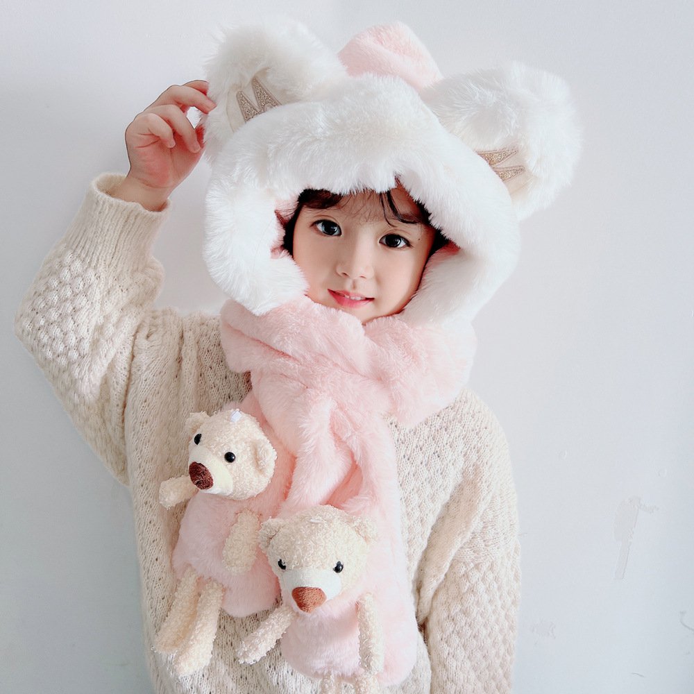 Baby Hat Autumn And Winter Bear Children's Hat Scarf Gloves One Girl Cute Baby Warm Pullover Hat details Picture