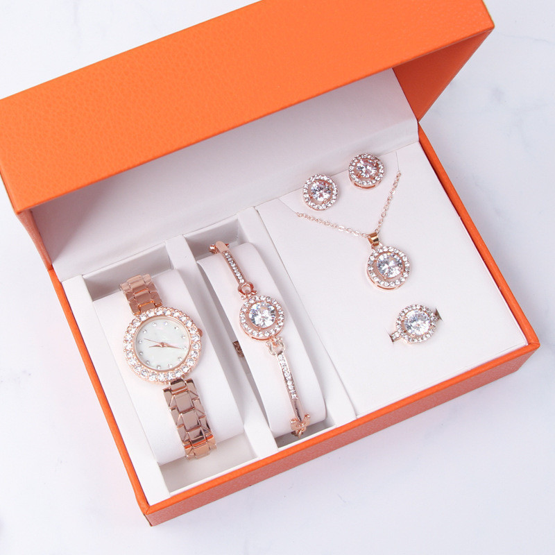 New Women's Watch Five-Piece Set Of Tiktok Live Luxury Diamond Set Fashion Trend Quartz Watch Set details Picture