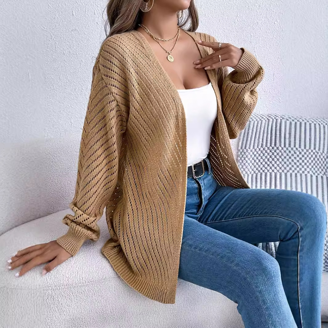 Ins-style real photos of autumn and winter European and American casual solid-color hollowed-out long-sleeved cardigan sweater coat, independent station cross-border women's clothing details Picture