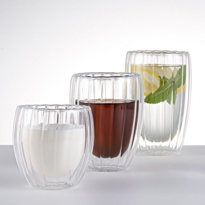 高硼硅玻璃牛奶杯蛋形条纹双层玻璃杯透明家用咖啡杯简约喝水杯子