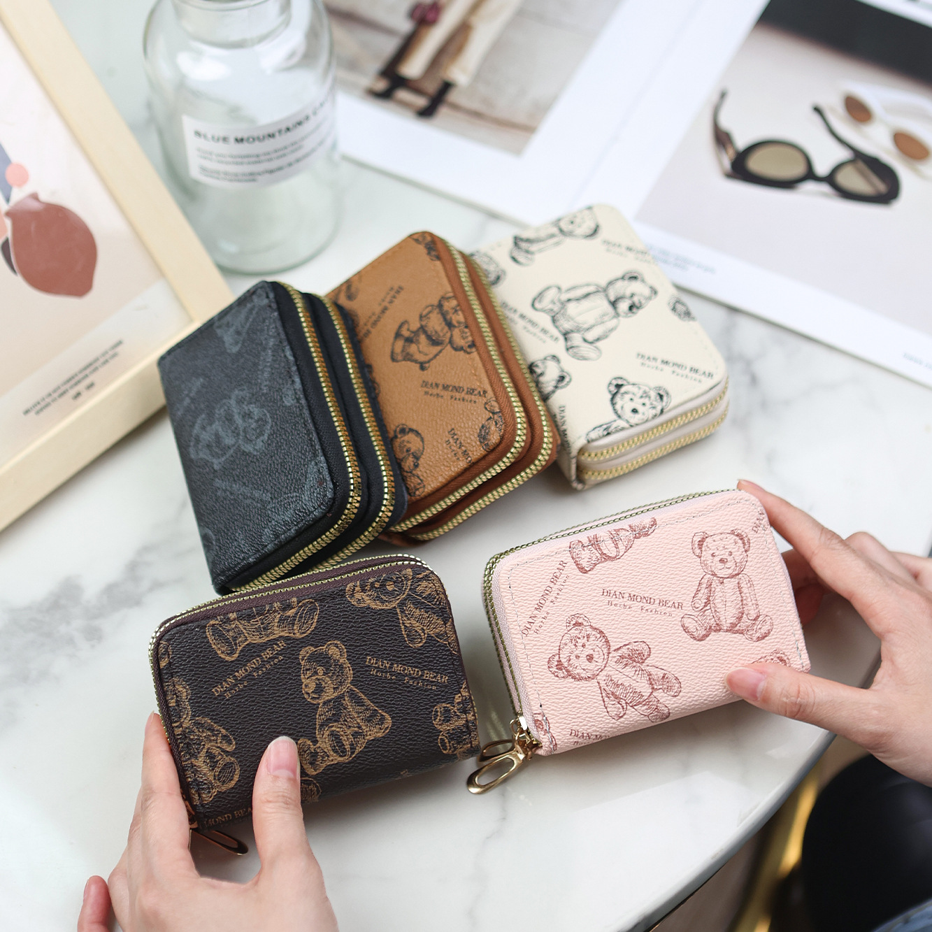 新款双层拉链风琴卡包短款卡通小熊印花风琴卡包多卡位零钱包批发