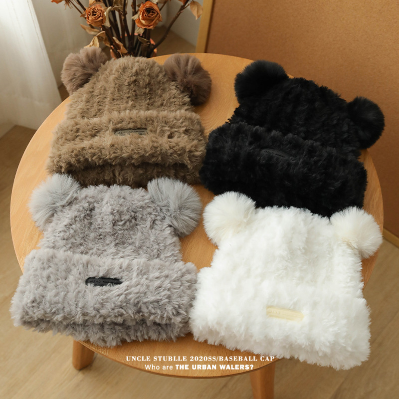 Burst Cute Bear Woolen Hat Girl Autumn Winter Thick Warm Plush Knit Hat Big Head Around The Face Small Hat details Picture