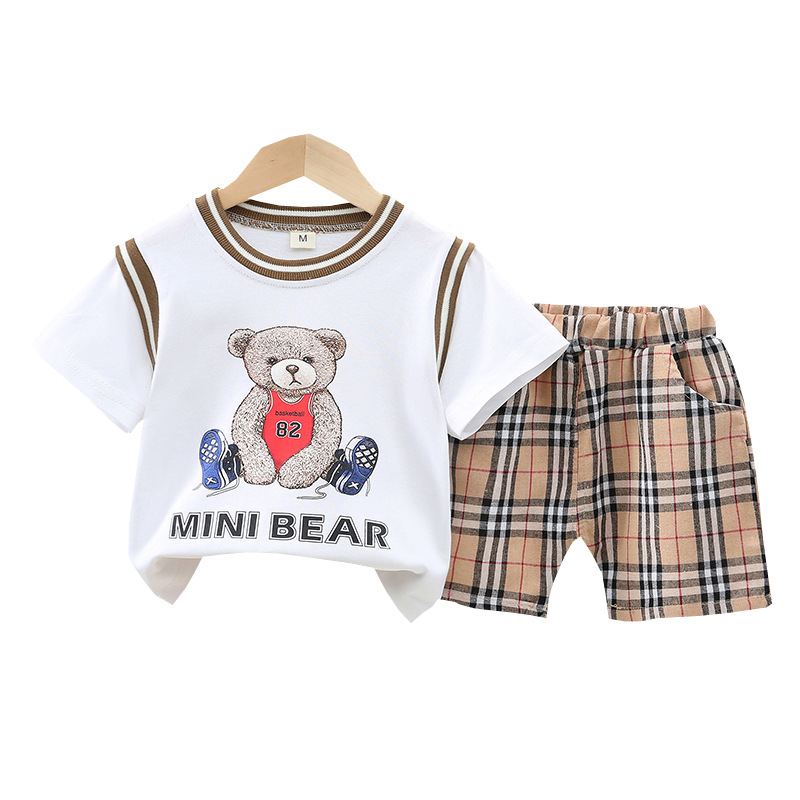 2022 New style MINI Bear short-sleeved checked pants two-piece set for children aged 1-5, summer casual and stylish T-shirt Item Picture