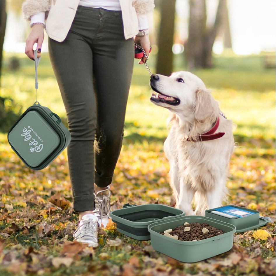 Wholesale of large outdoor folding bowls, double-layer drinking and eating bowls, pet food utensils and medicine boxes for going out, and camping bowls for cute pets details Picture