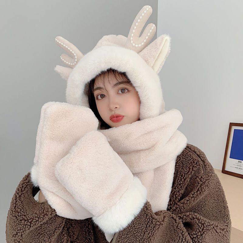 2022 Winter Warm Christmas Hat three-piece set, hat, scarf, glove, one-piece hat, cute for girls, cartoon antler fabric, soft and comfortable. Factory stock available, one-piece consignment supported Specification image