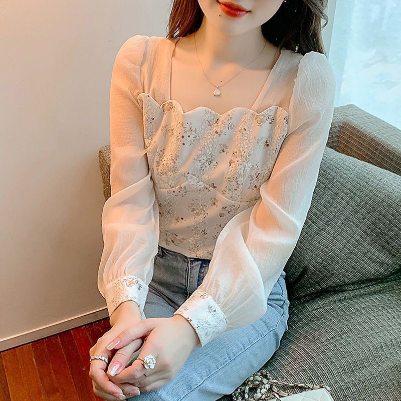 Lace patchwork chiffon shirt for women 2023 autumn new style, fresh and sweet, with a unique American collar and floral print top Application Scenario