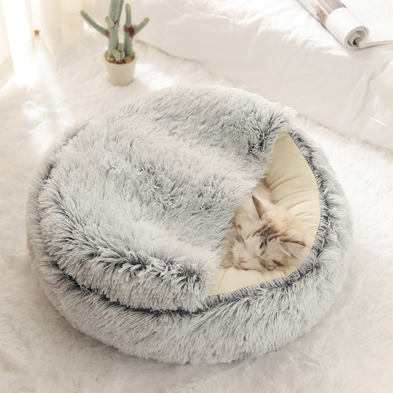 Pet dog bed, plush, round cat bed, semi-enclosed cat bed, dog bed, crystal fleece cat bed, shell cat bed, pet bed Specification image