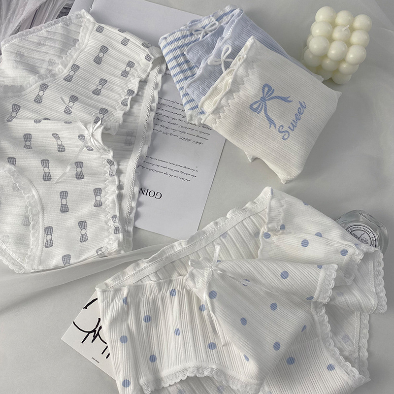 Original sea salt blue wind chime threaded underwear for women, pure cotton crotch, waist bag and hip, student and girl triangle pants for summer wholesale Specification image