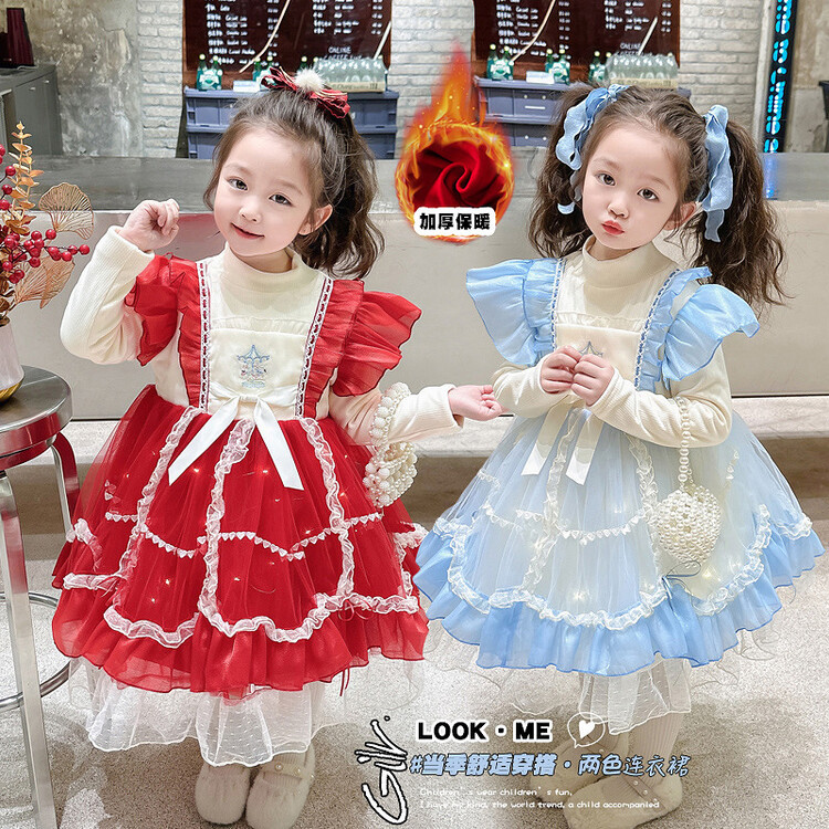 Niña vestido lolita 2023 otoño invierno nuevo estilo de las mujeres niños patchwork malla suéter princesa falda puffy al por mayor